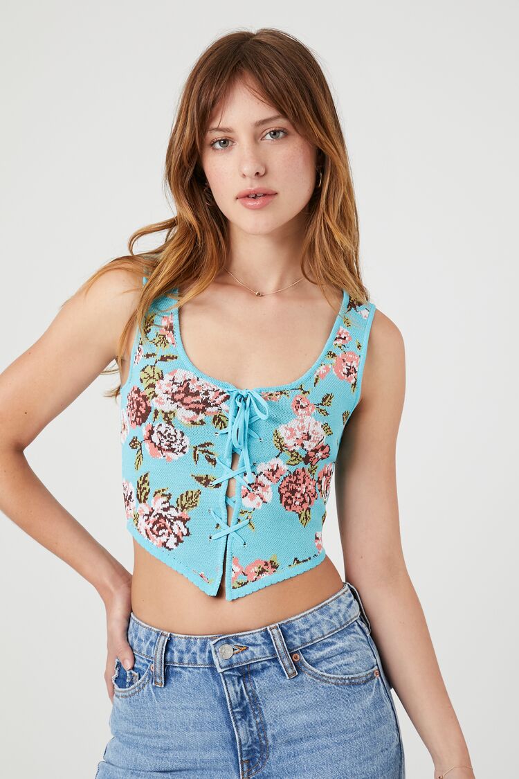 Forever 21 Women's Floral Sweater-Knit Lace-Up Top Baby Blue/Multi
