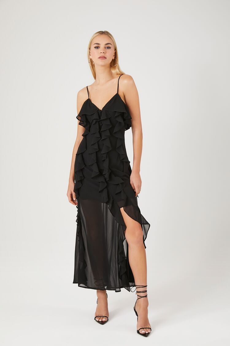 Forever 21 Women's Chiffon Ruffle Maxi Long Spring/Summer Dress Black