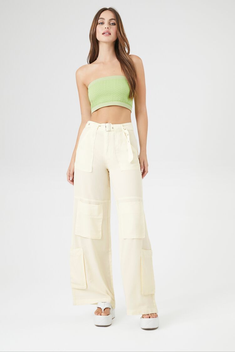 Forever 21 Women's Wide-Leg Belted Cargo Pants Cream