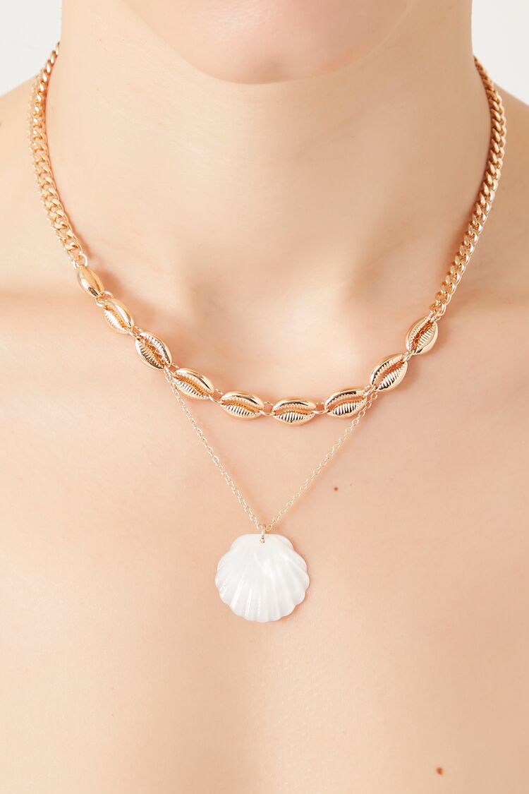 Forever 21 Women's Seashell Pendant Layered Necklace Gold/Ivory