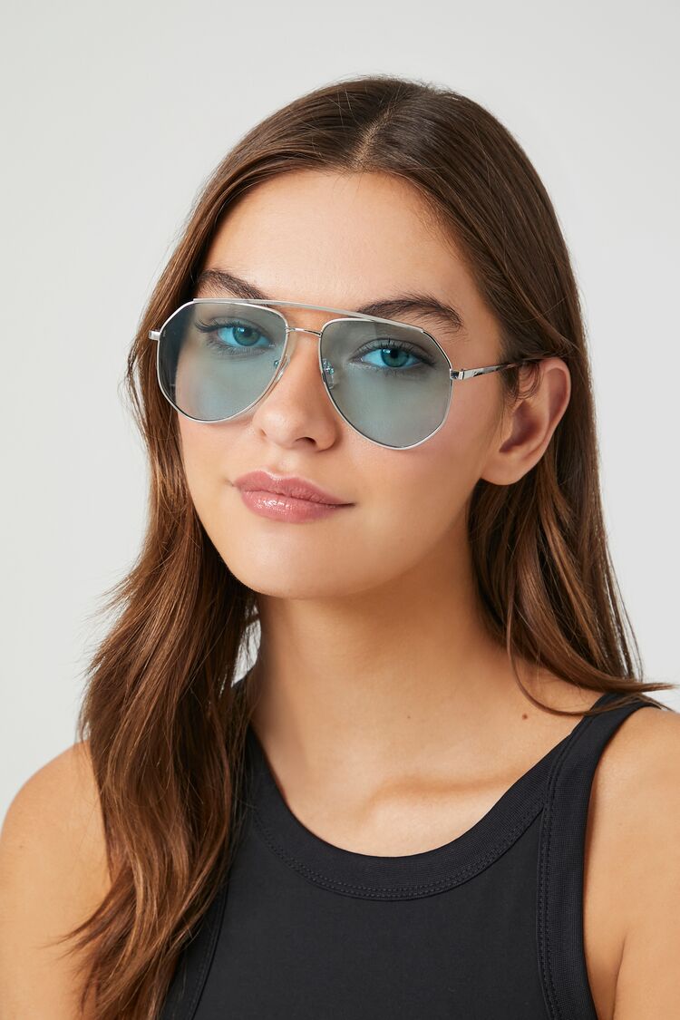 Forever 21 Women's Tinted Aviator Sunglasses Silver/Blue