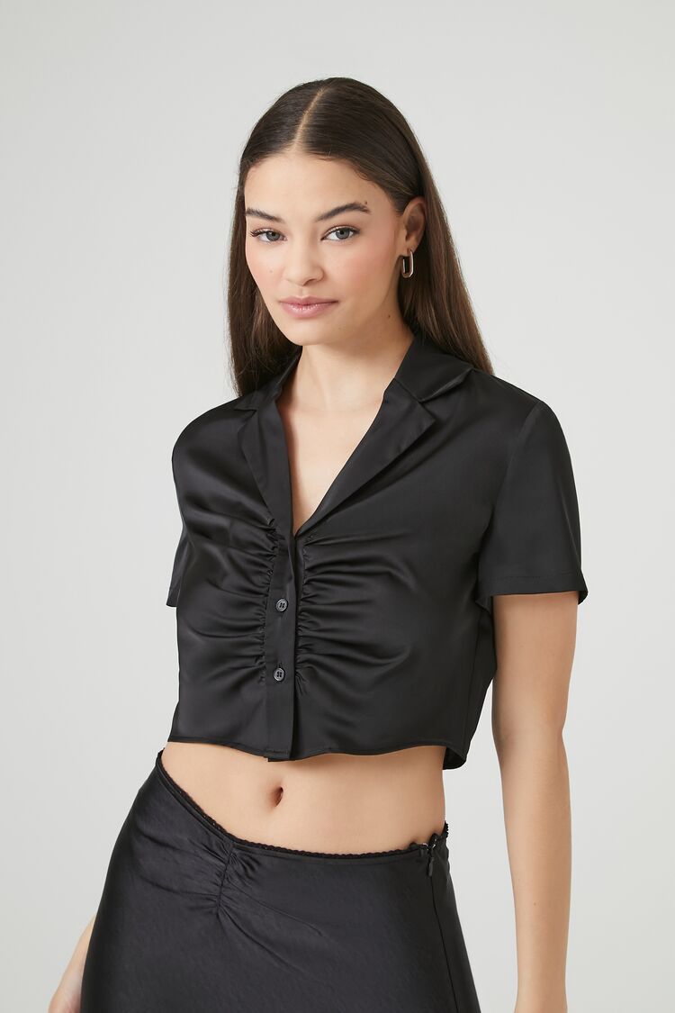 Forever 21 Women's Shirred Cropped Shirt Black