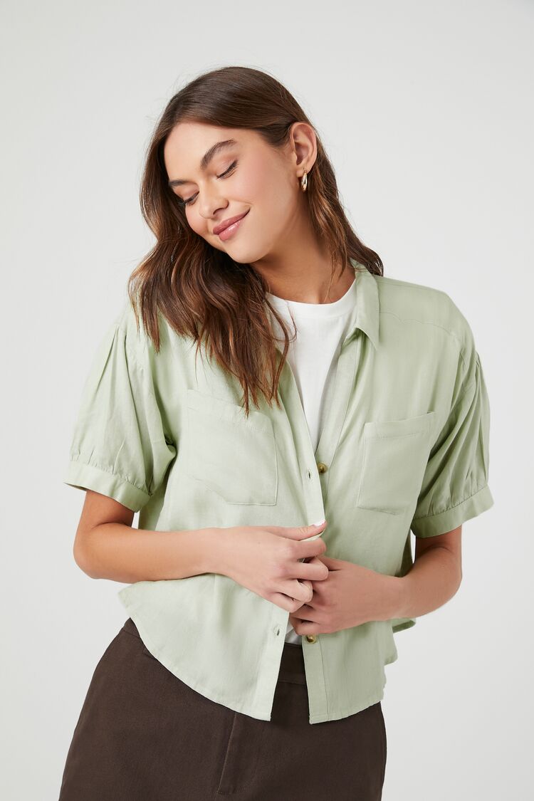 Forever 21 Women's Pleated Puff-Sleeve Shirt Sage