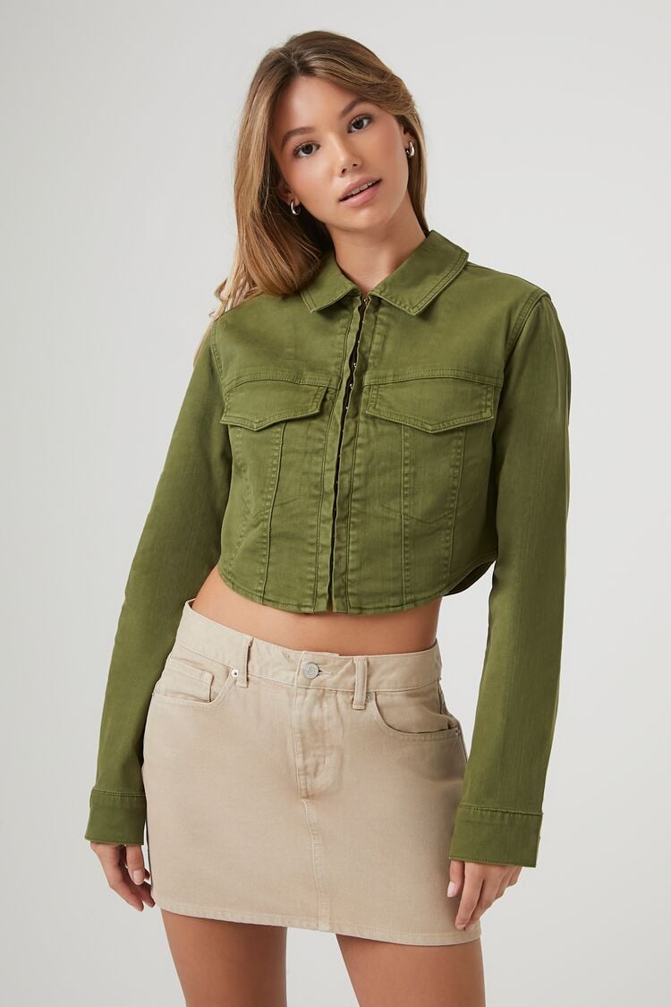 Forever 21 Women's Hook-and-Eye Cropped Trucker Jacket Olive