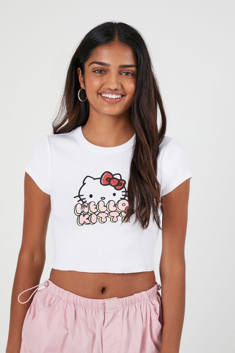Forever 21 Women's Hello Kitty Graphic Cropped T-Shirt White/Multi
