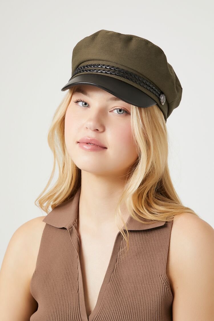 Forever 21 Women's Faux Leather/Pleather-Trim Cabbie Hat Olive/Black