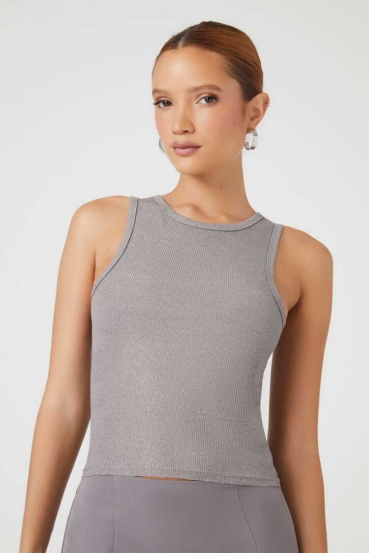 Forever 21 Women's Glitter Ribbed Knit Tank Top Charcoal