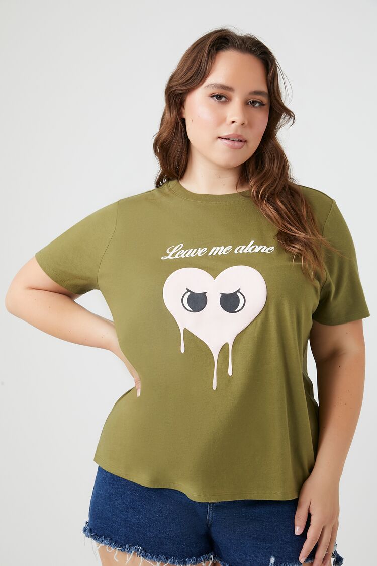 Forever 21 Plus Women's Leave Me Alone Graphic T-Shirt Olive/Multi