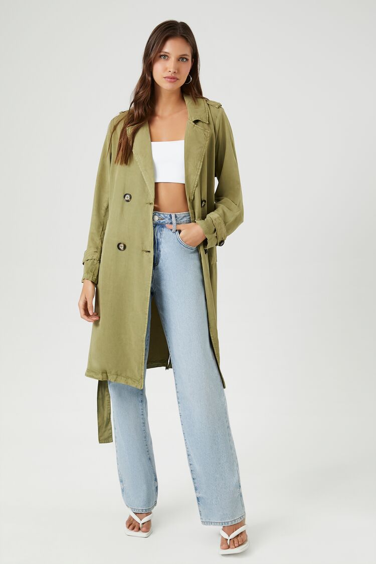 Forever 21 Women's Belted Longline Trench Coat Olive