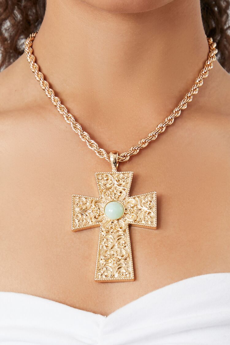 Forever 21 Women's Etched Cross Statement Necklace Gold