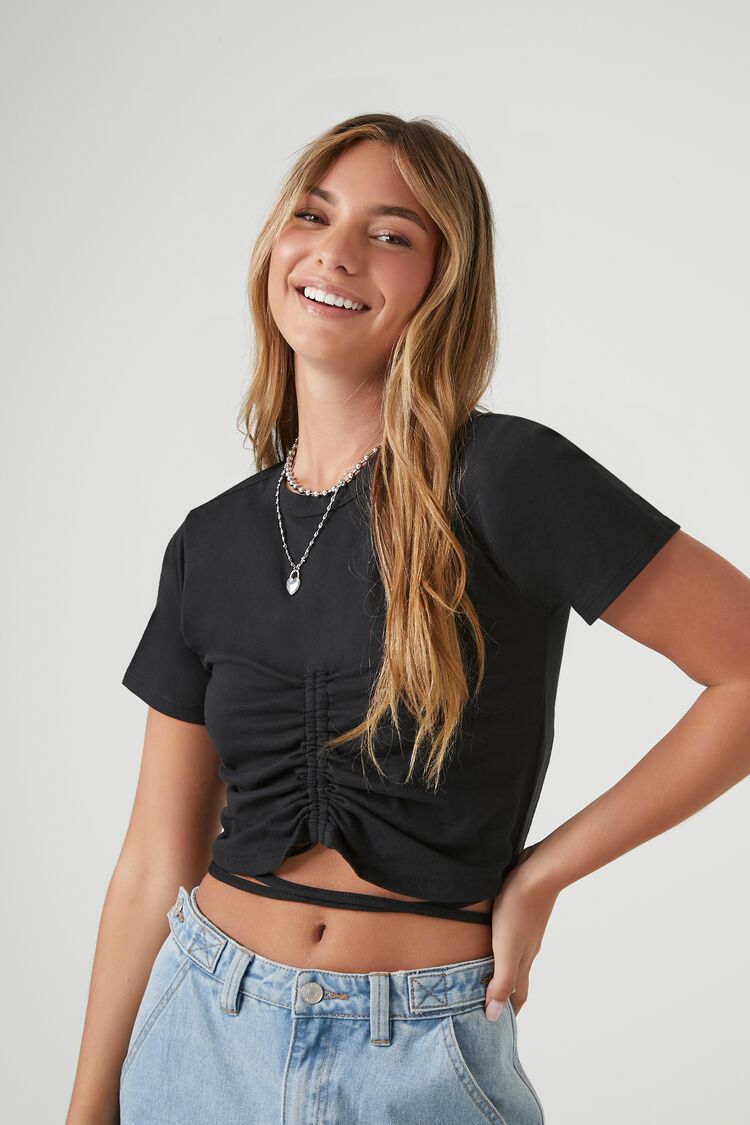 Forever 21 Women's Ruched Wraparound Cropped T-Shirt Black
