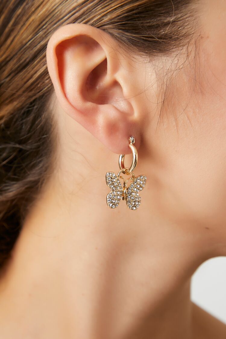 Forever 21 Women's Rhinestone Butterfly Hoop Earrings Gold/Clear
