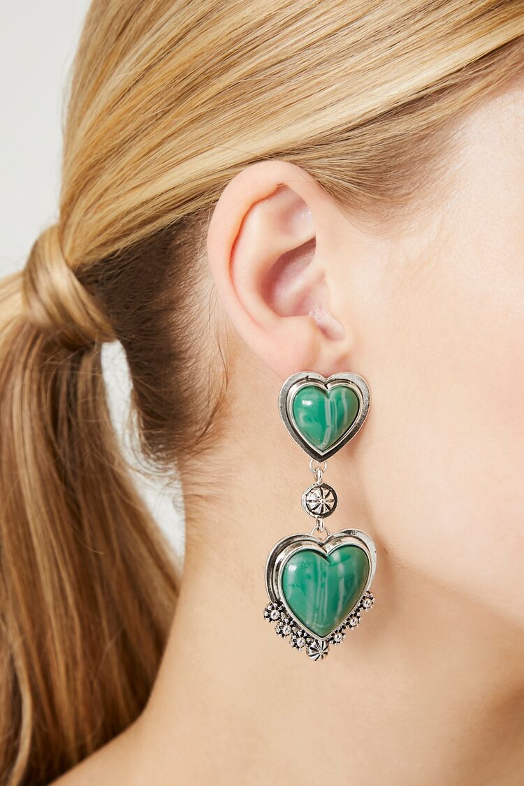 Forever 21 Women's Faux Stone Heart Drop Earrings Green/Silver