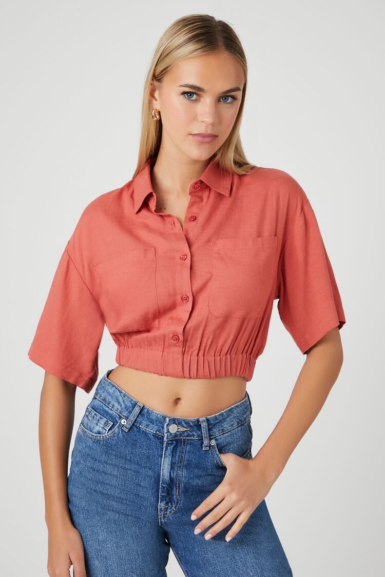 Forever 21 Women's Cropped Pocket Shirt Rust