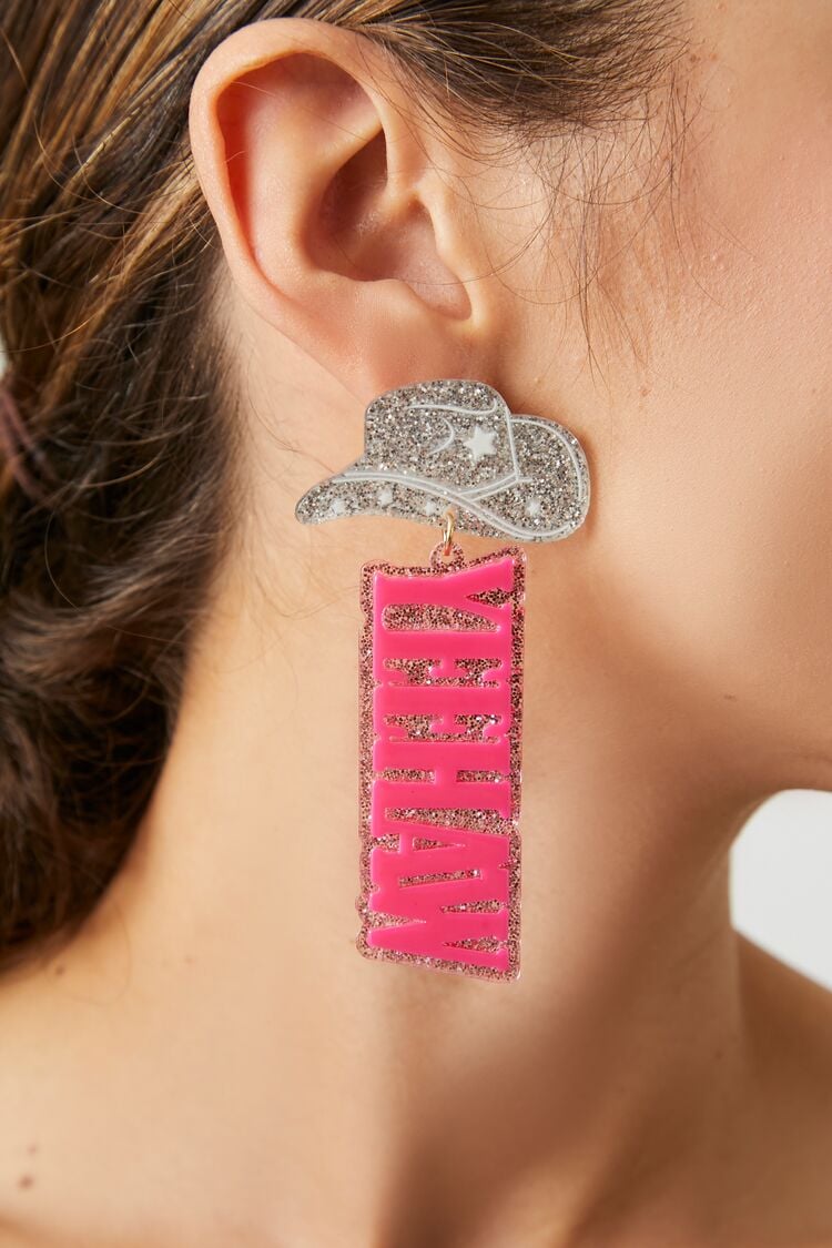 Forever 21 Women's Glitter Yeehaw Drop Earrings Silver/Pink