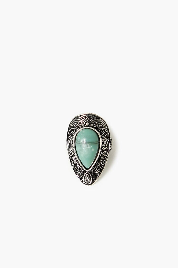 Forever 21 Women's Etched Faux Stone Ring Green/Silver