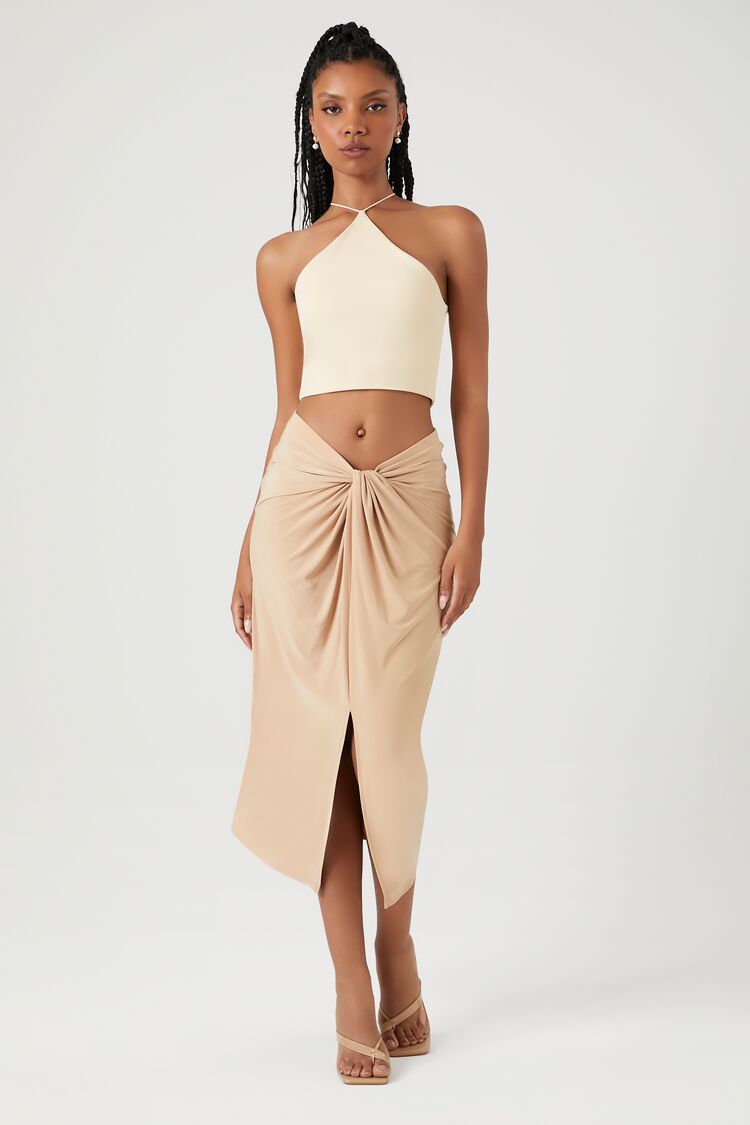 Forever 21 Women's Ruched Twisted Slit Midi Skirt Tan