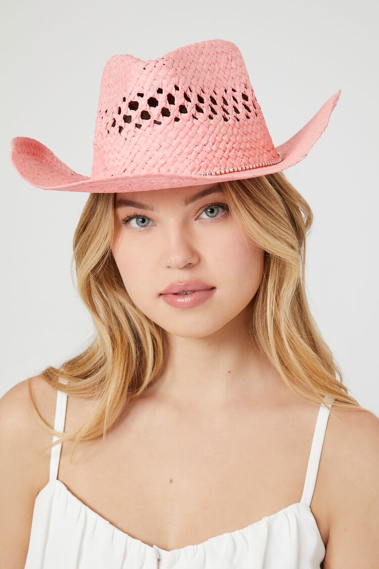 Forever 21 Women's Rhinestone-Studded Straw Cowboy Hat Pink