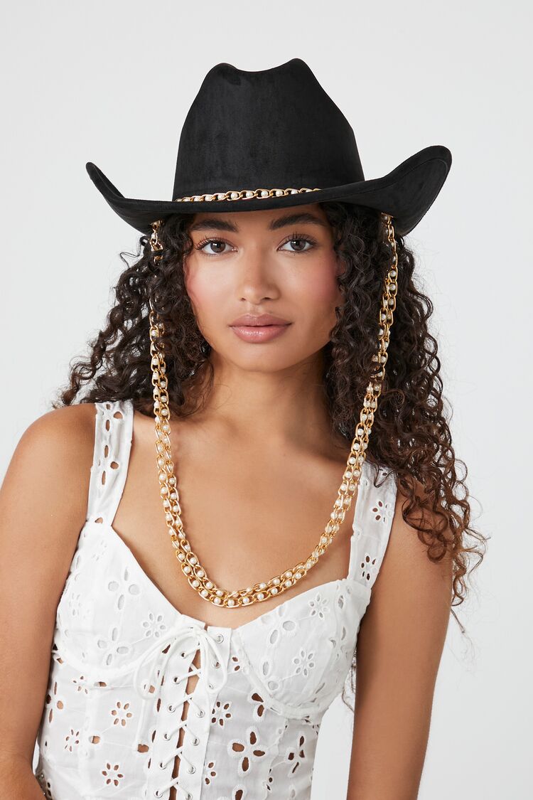 Forever 21 Women's Faux Pearl Chain Cowboy Hat Black/Gold