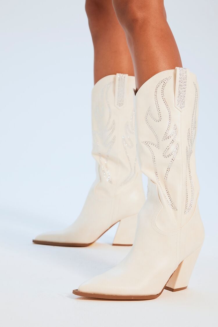 Forever 21 Women's Pointed Toe Cowboy Boots Cream