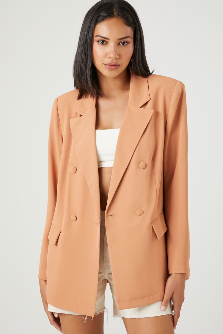 Forever 21 Women's Longline Double-Breasted Blazer Toasted Almond