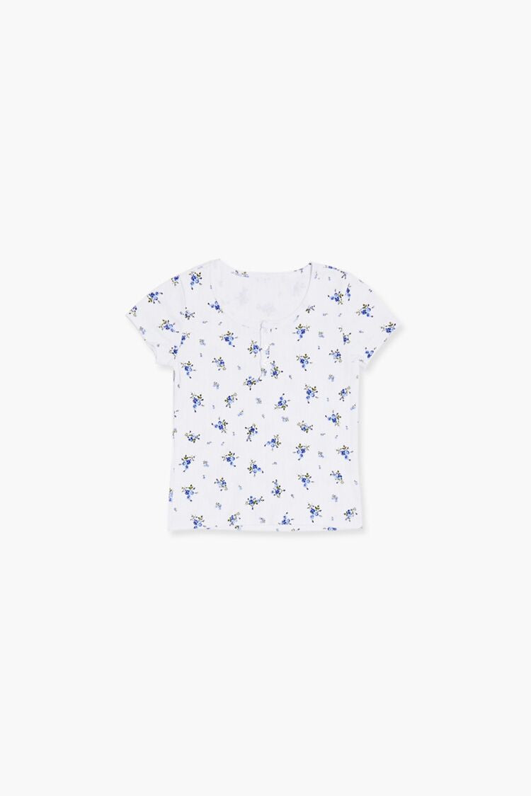 Forever 21 Girls Floral Print Henley T-Shirt (Kids) White/Multi