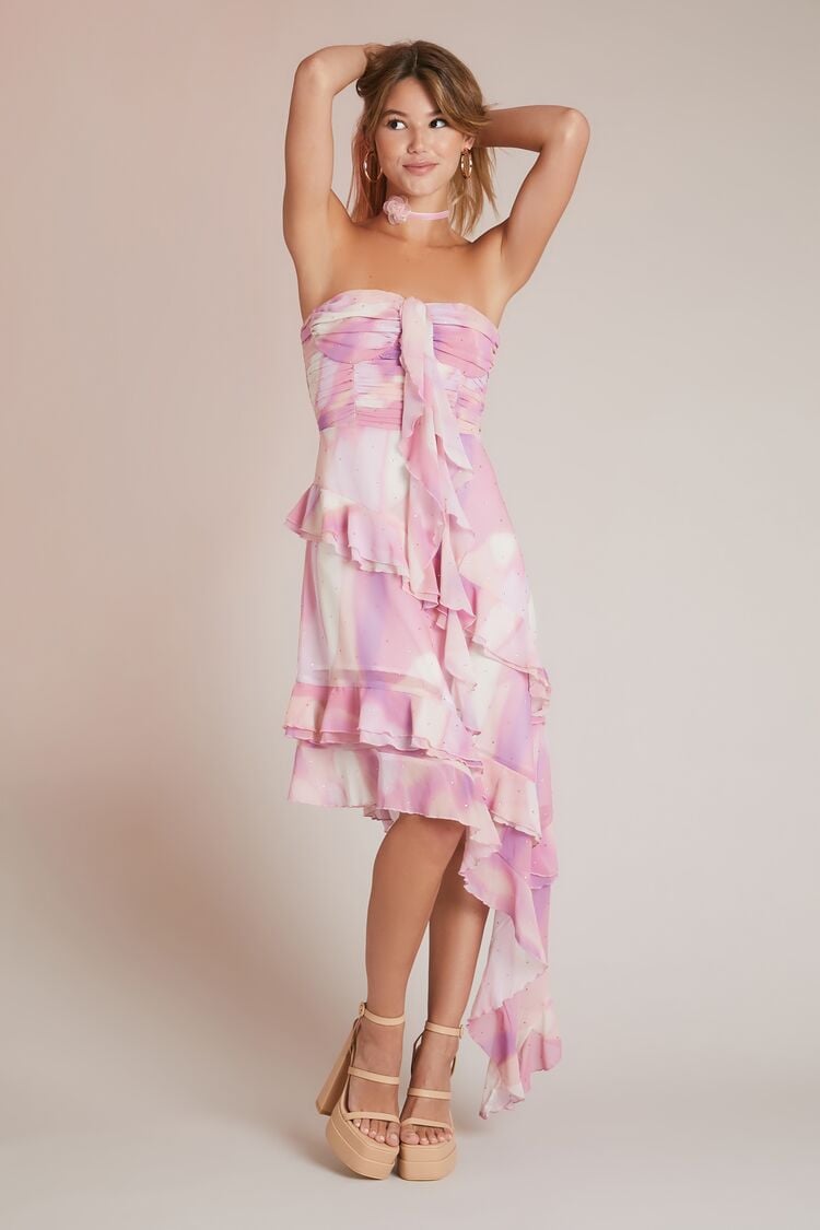 Forever 21 Women's Abstract Print Ruffle-Trim Spring/Summer Dress Light Pink/Multi