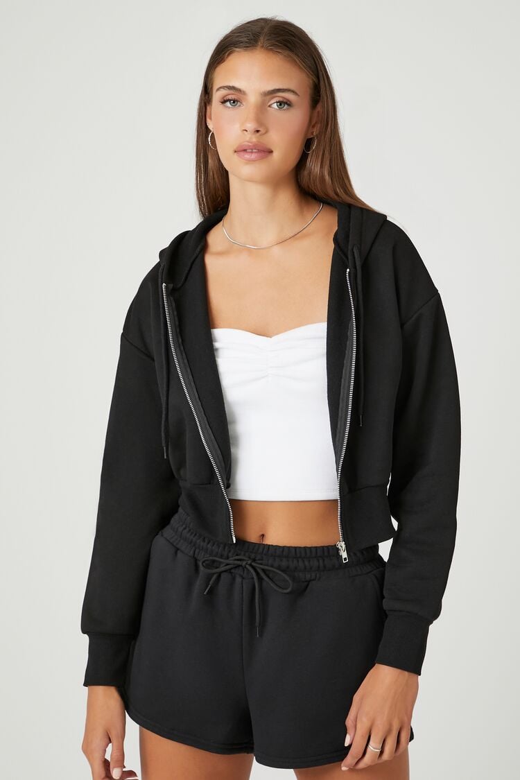 Forever 21 Women's Fleece Cropped Zip-Up Hoodie Sweatshirt Black