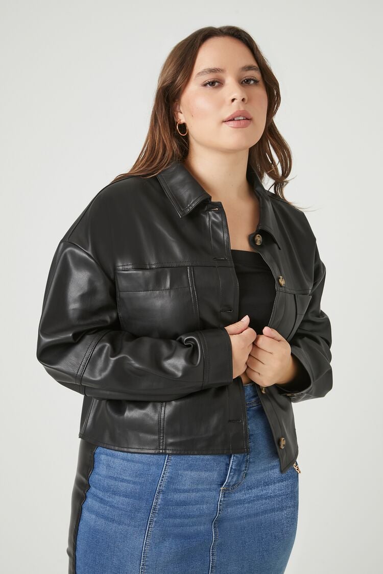 Forever 21 Plus Women's Faux Leather/Pleather Trucker Jacket Black