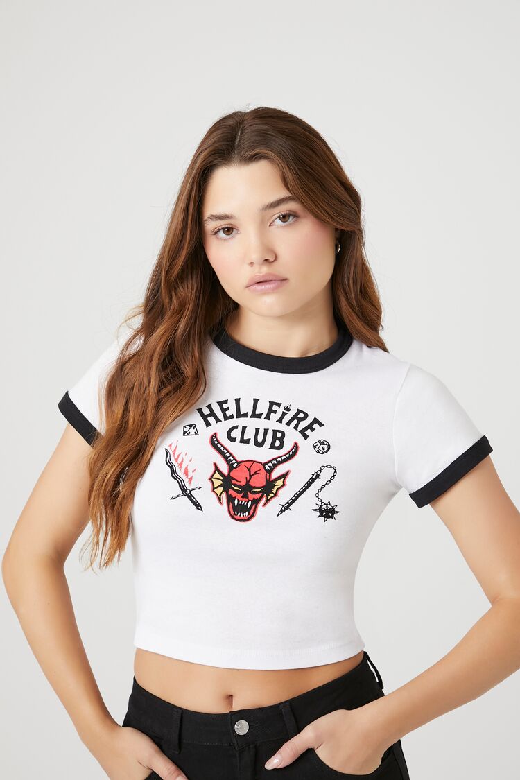 Forever 21 Women's Hellfire Club Ringer Cropped T-Shirt White/Multi