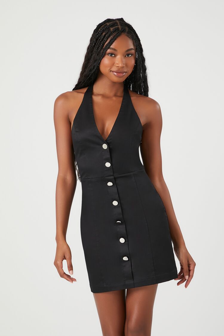 Forever 21 Women's Button-Front Halter Mini Dress Black