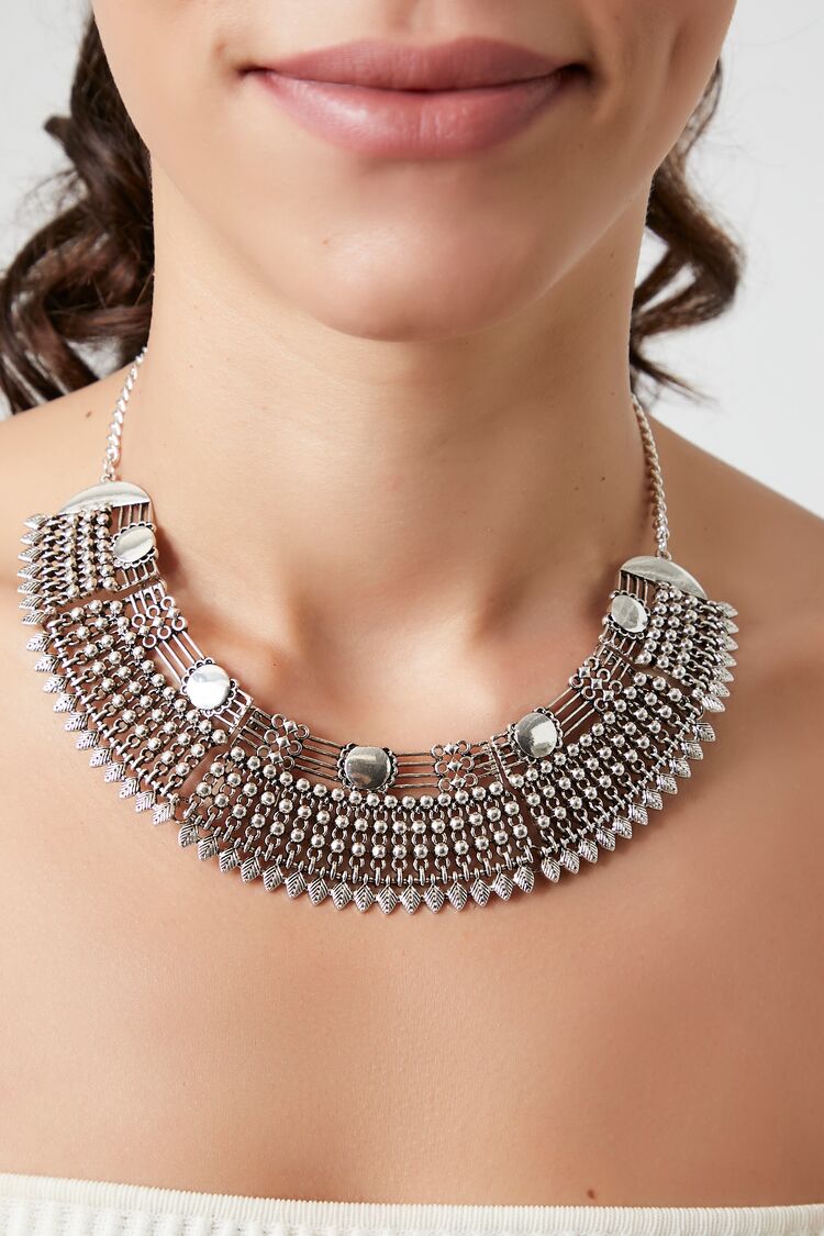 Forever 21 Women's Ornate Geo Bib Necklace Silver