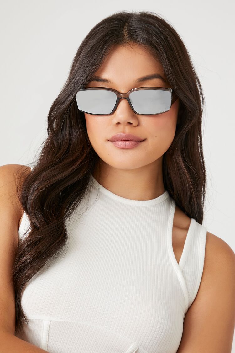 Forever 21 Women's Reflective Rectangular Sunglasses Grey/Silver