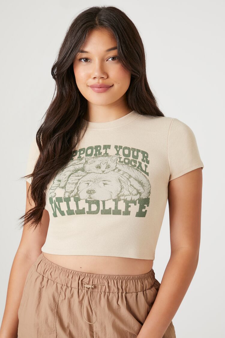 Forever 21 Women's Local Wildlife Graphic Baby T-Shirt Tan/Multi