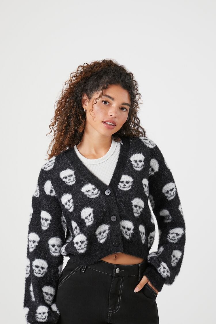 Forever 21 Knit Women's Cropped Skull Print Cardigan Sweater Black/White