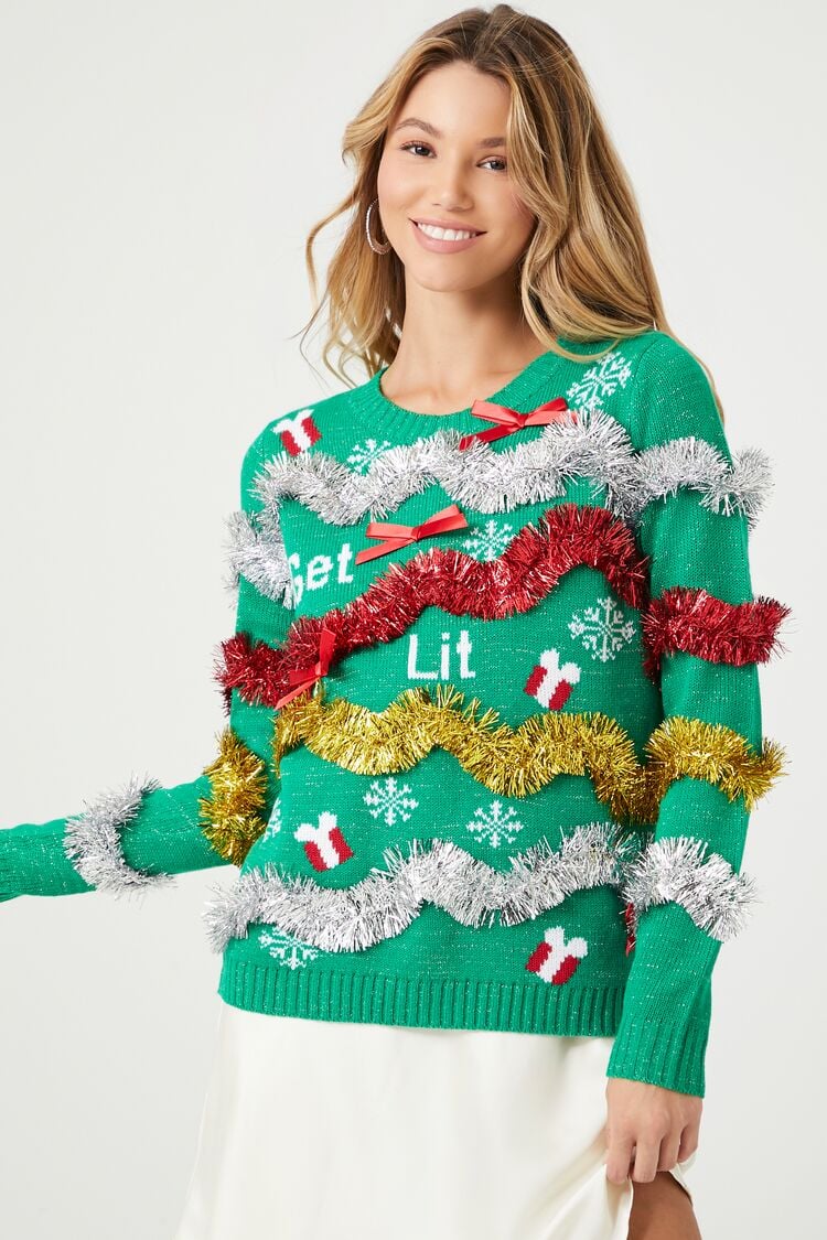 Forever 21 Knit Women's Get Lit Christmas Sweater Green/Multi