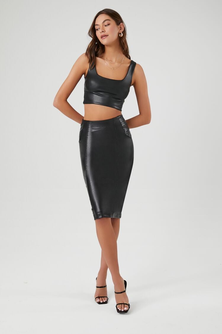 Forever 21 Women's Faux Leather/Pleather Straight Midi Skirt Black