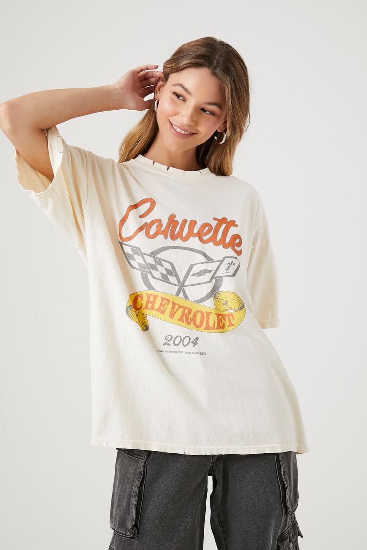 Forever 21 Women's Corvette Chevrolet Graphic T-Shirt Cream/Multi