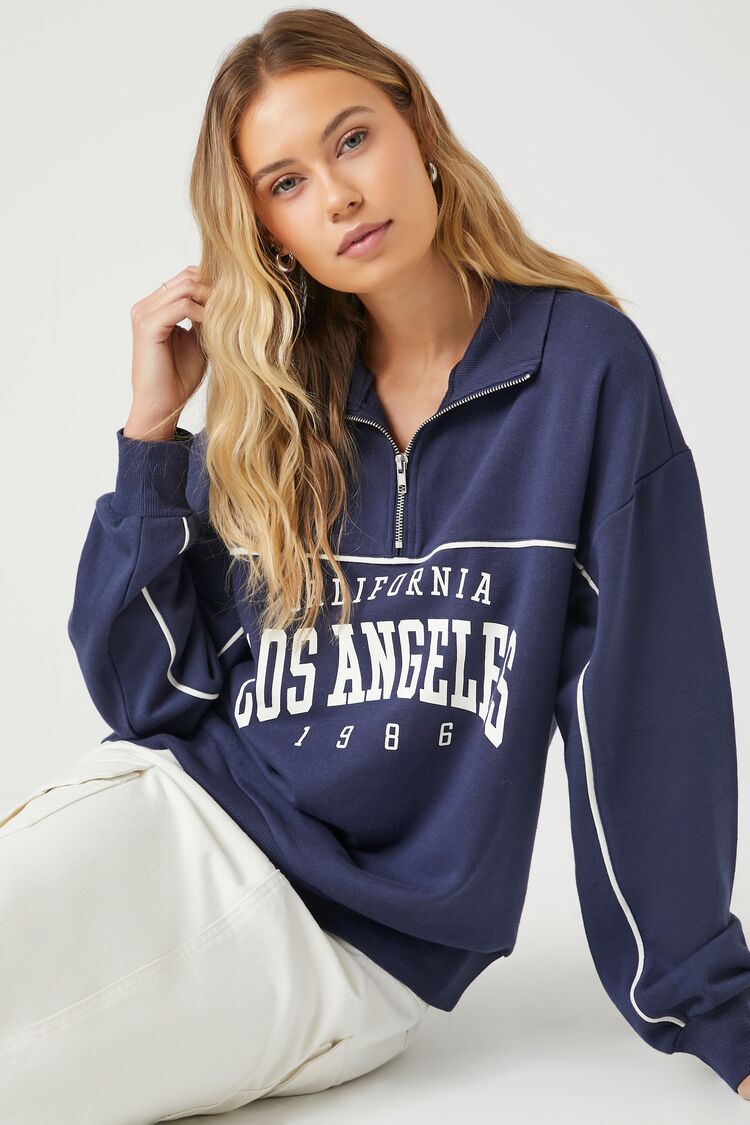 Forever 21 Women's Los Angeles Graphic Half-Zip Pullover Navy/Multi