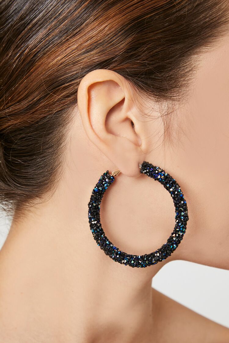 Forever 21 Women's Iridescent Beaded Hoop Earrings Black