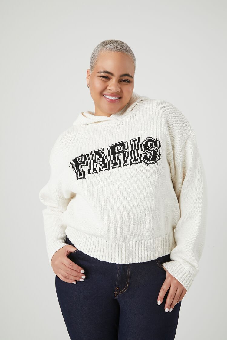 Forever 21 Plus Women's Sweater-Knit Paris Graphic Hoodie Sweatshirt Cream/Multi