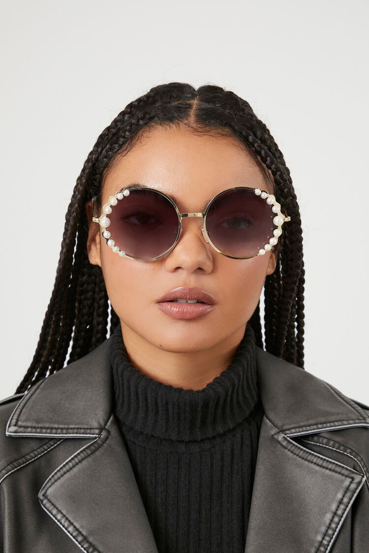 Forever 21 Women's Faux Pearl Round Sunglasses Gold/Multi