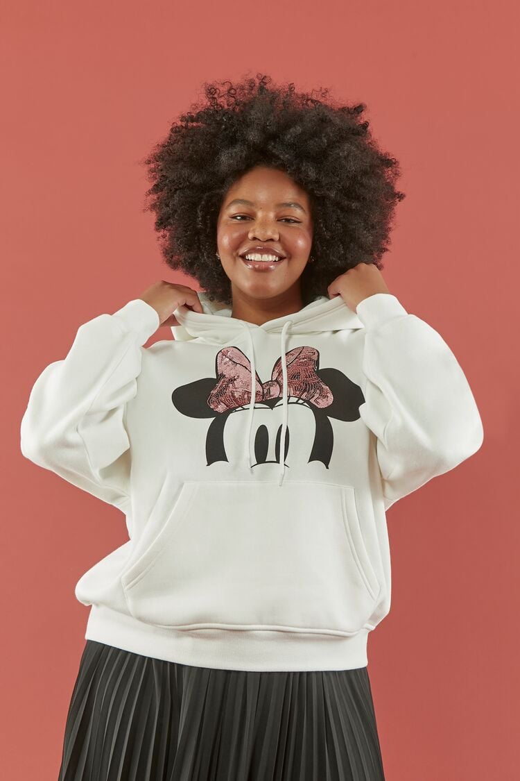 Forever 21 Plus Women's Disney Sequin Minnie Mouse Hoodie Sweatshirt Cream/Multi
