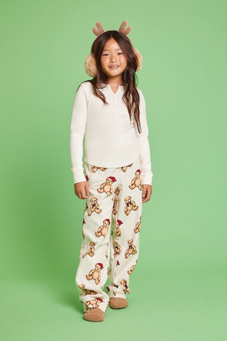 Forever 21 Girls Teddy Bear Flannel Pajama Bottoms (Kids) White/Multi
