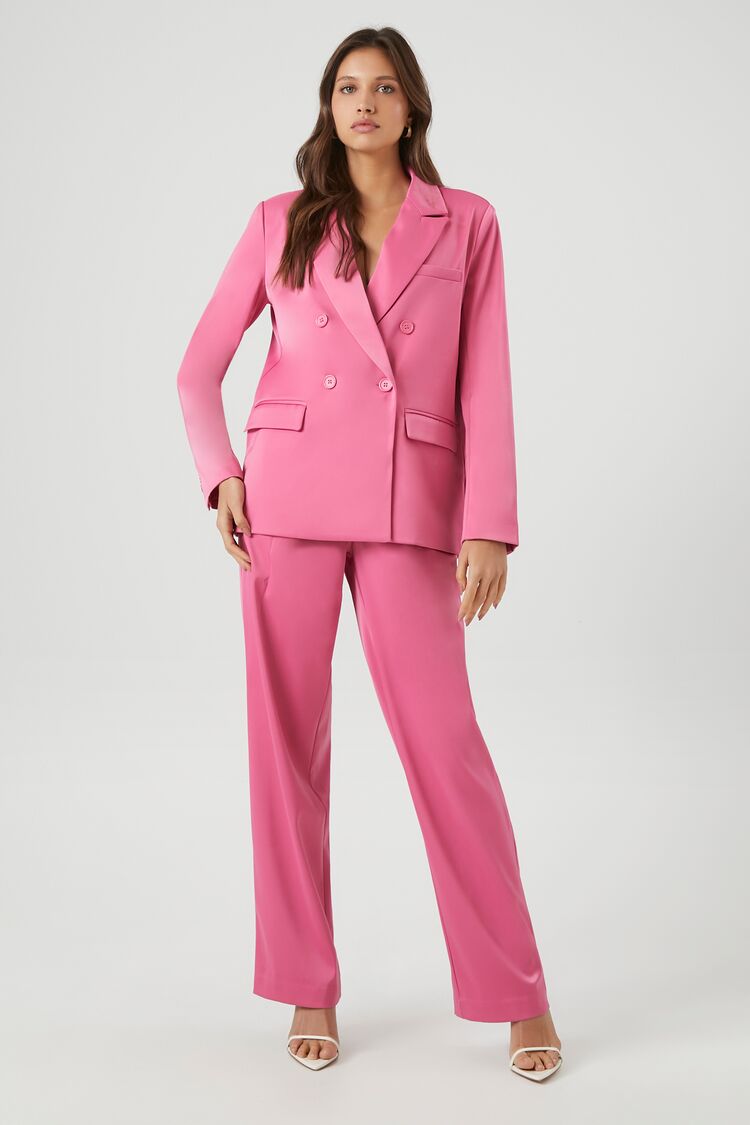 Forever 21 Women's Satin Blazer & Straight Pants Set Hot Pink