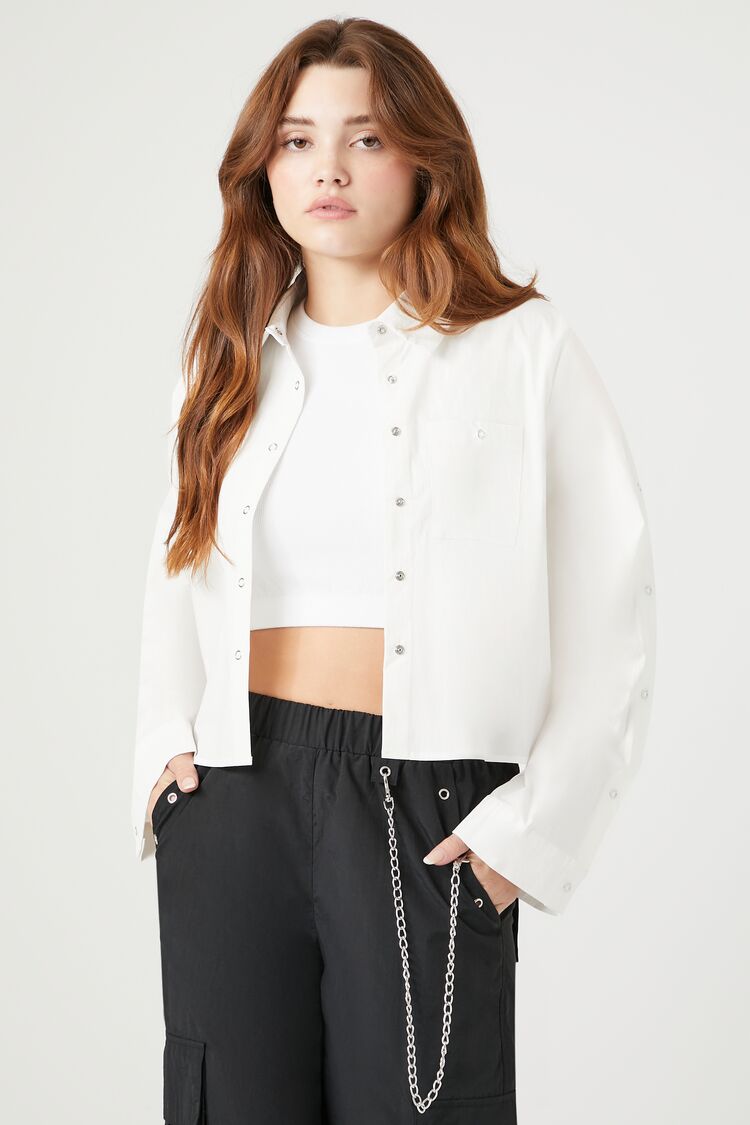 Forever 21 Women's Cropped Snap-Button Shirt White