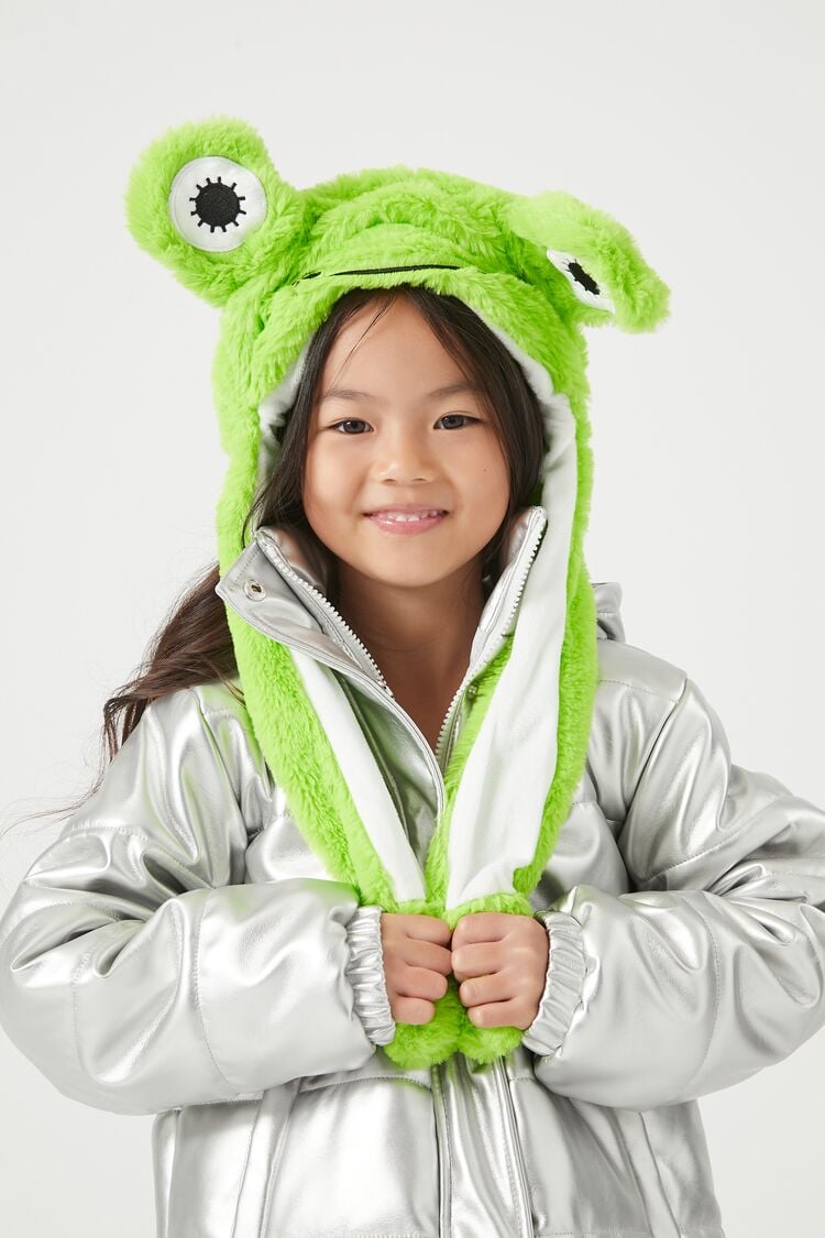 Forever 21 Kids Plush Frog Hat (Girls + Boys) Green/White