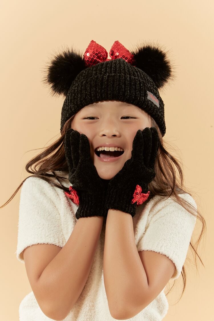 Forever 21 Girls Disney Minnie Mouse Beanie & Gloves Set (Kids) Black/Red