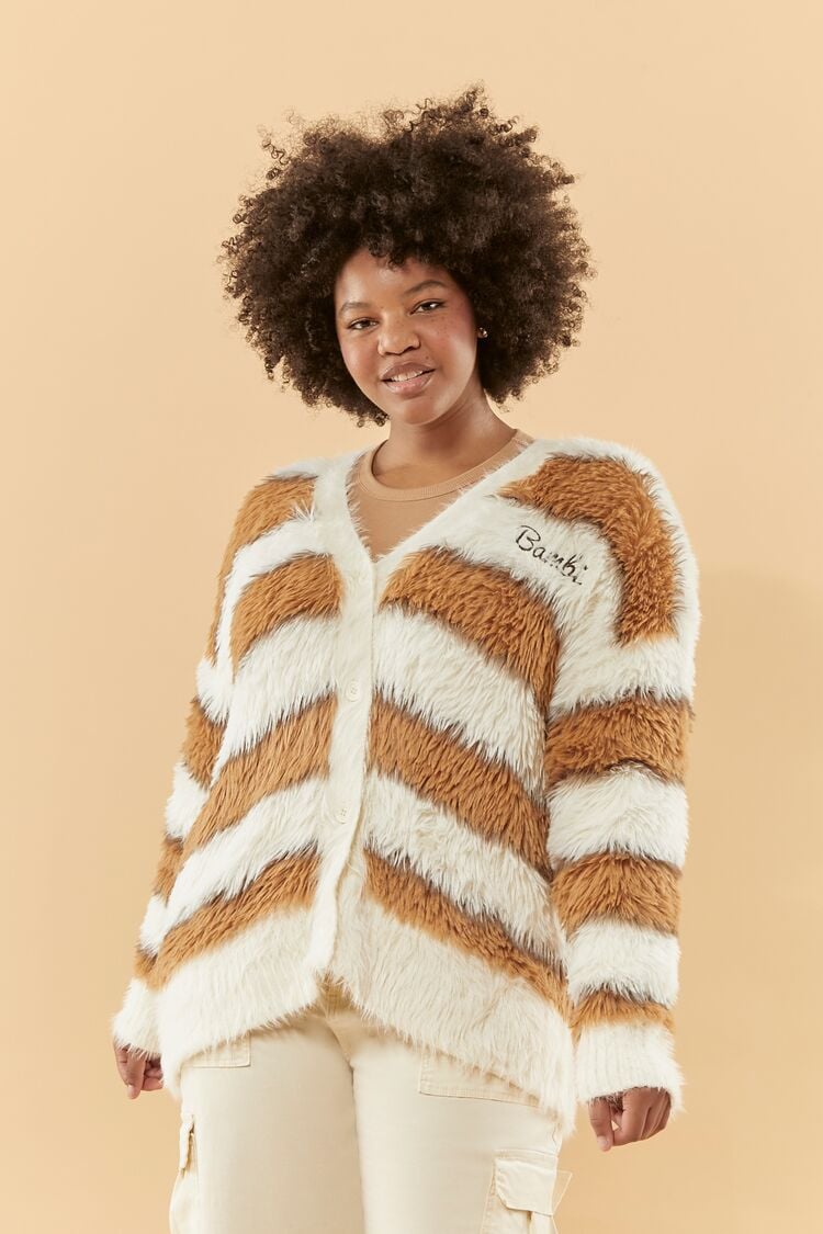 Forever 21 Knit Plus Women's Disney Bambi Faux Fur Cardigan Sweater Brown/Multi