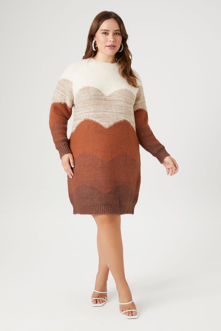 Forever 21 Knit Plus Women's Colorblock Mini Sweater Winter Dress Tan/Multi